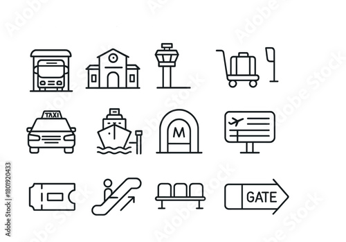 Transportation icons: airport, train, bus station, taxi, and ship travel elements