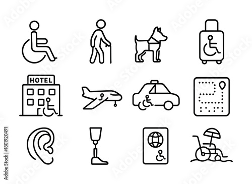 Accessible travel icons: wheelchair, dog, cane, airplane, prosthetic