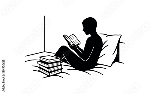 Pile of books on bed no face black silhouettes with corner and page lines calm reading moment vector