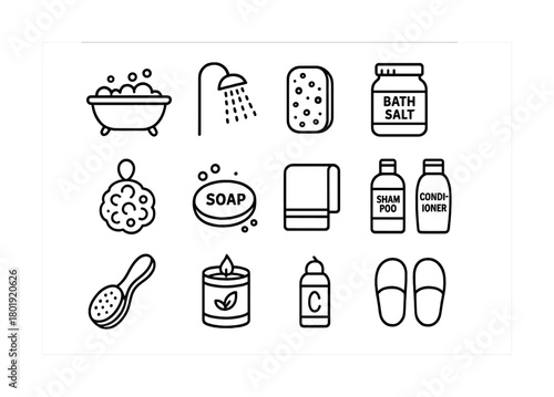 Bathroom essentials line art: bathtub, shower, soap, shampoo, towel, candle, slippers