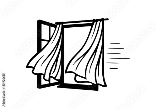 Window open with curtains blowing no face black silhouettes with motion line accents flat peaceful scene