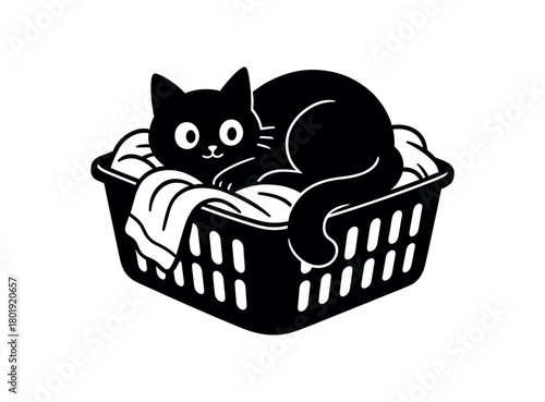 Cat curled laundry basket white eyes black silhouette with tail and fabric line details home comfort vector