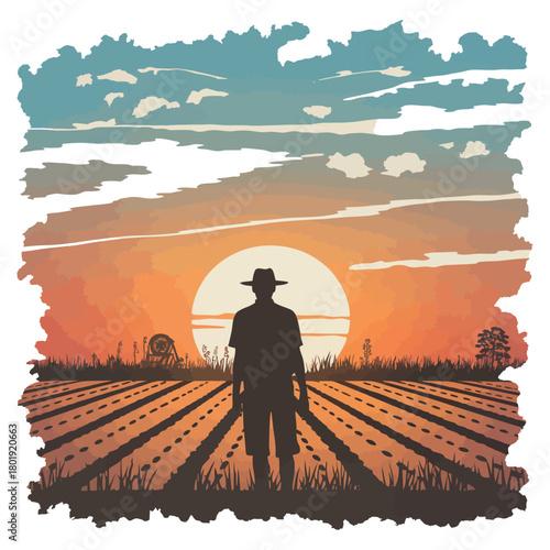 A lone farmer stands silhouetted against a vibrant sunset overlooking a freshly tilled field.