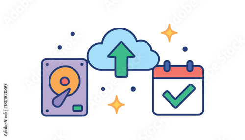 Cybersecurity digital privacy flat vector illustration collection of cute security icons data backup: hard drive cloud arrow calendar tick sparkles dots arranged horizontal composition