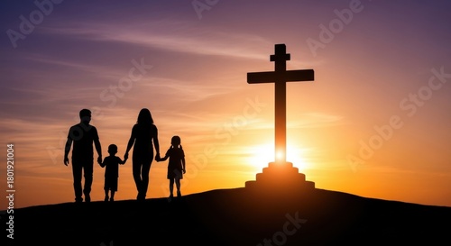 Family Walking Towards the Cross at Sunset, Silhouette, Children, Parents