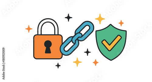 Cybersecurity digital privacy flat vector illustration collection of cute security icons ransomware defense: lock chain icon shield tick sparkles stars arranged horizontal composition