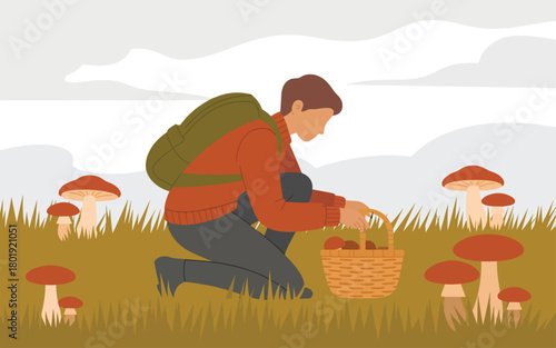Man picking mushrooms in a forest with a basket and backpack