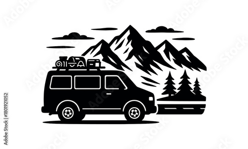 Van parked near mountains no face black silhouette with wheel and camping gear lines roadtrip scene vector