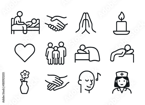 Healthcare icons: compassion, family, prayer, care, healing