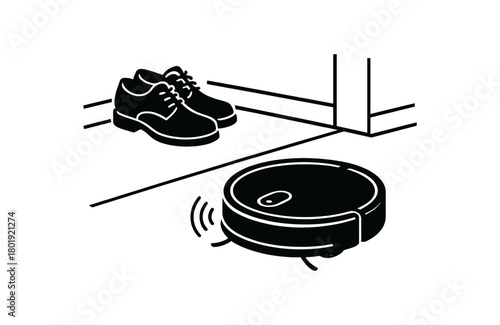 Robot vacuum moving near shoes no face black silhouette with wheel and sensor lines modern tidy life vector