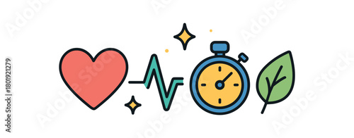 Health wellness UI flat vector illustration collection of cute wellbeing icons heart pulse line stopwatch sparkle dots leaf arranged horizontal composition handdrawn outlines bright color
