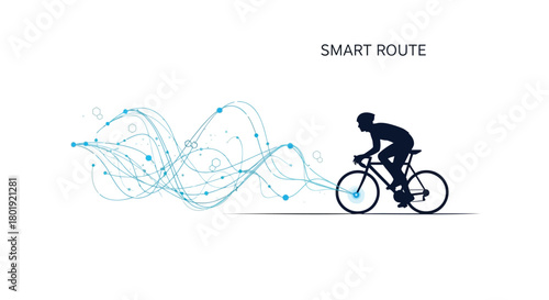 Silhouette of a cyclist on a road bike with abstract blue digital data visualization flowing behind them