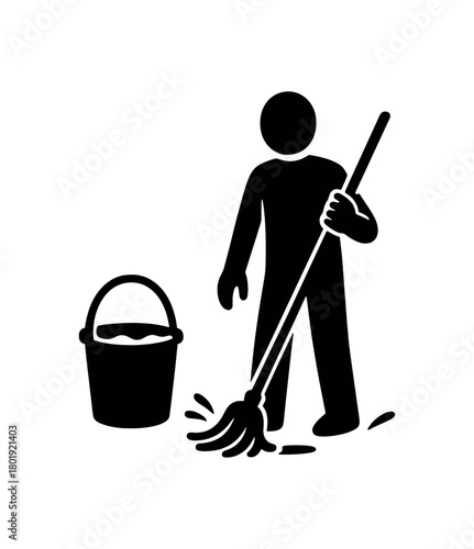 Bucket with mop beside no face black silhouettes with grip and splash line accents flat chore setup