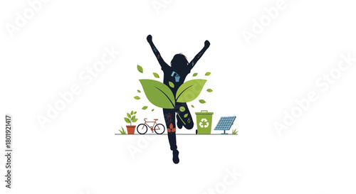 Silhouette of a woman with arms raised in celebration surrounded by symbols of sustainability and healthy living