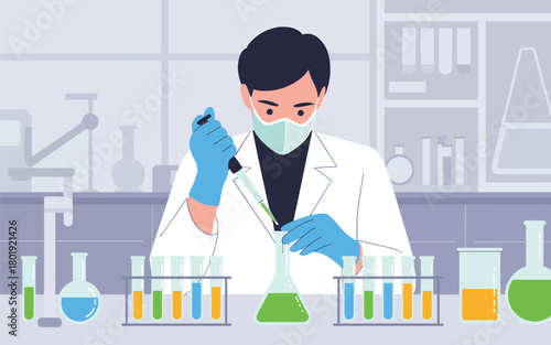 Scientist conducting experiment in laboratory with beakers and test tubes, science research