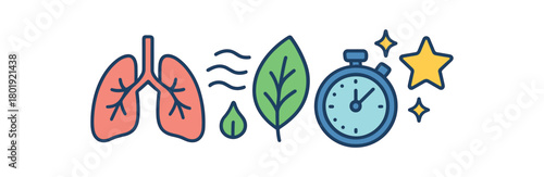 Health wellness UI flat vector illustration collection of cute wellbeing icons respiration: lungs icon breath waves leaf stopwatch stars arranged horizontal composition handdrawn outlines
