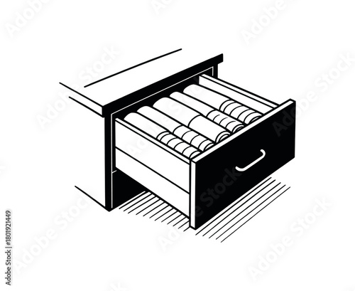 Open drawer with cloth inside no face black silhouette with handle and shadow lines tidy storage detail