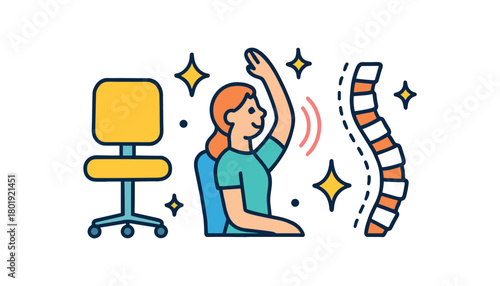 Health wellness UI flat vector illustration collection of cute wellbeing icons posture: chair spine curve icon stretch lines sparkles arranged horizontal composition handdrawn outlines