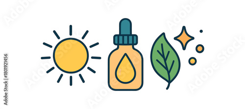 Health wellness UI flat vector illustration collection of cute wellbeing icons sun and vitamin set: sun ray dropper bottle leaf spark dots arranged horizontal composition handdrawn outlines