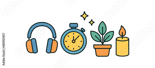 Health wellness UI flat vector illustration collection of cute wellbeing icons focus mode: headphone timer plant candle stars arranged horizontal composition handdrawn outlines bright color