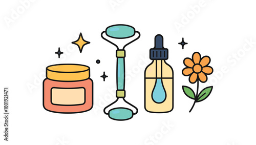 Health wellness UI flat vector illustration collection of cute wellbeing icons skin care: cream jar face roller dropper flower stars arranged horizontal composition handdrawn outlines