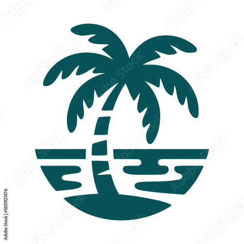 A stylized graphic of a palm tree on a small island with water.