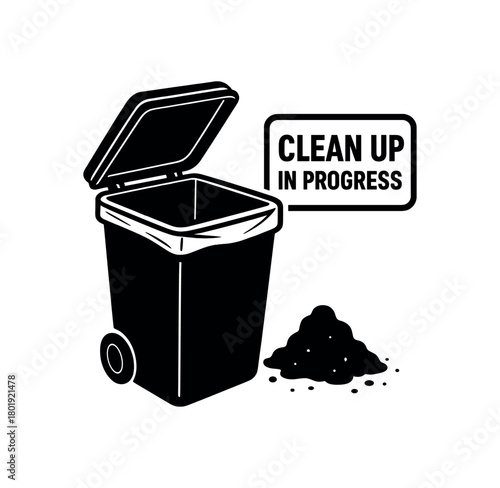 Trash bin with lid open no face black silhouette with edge and liner line accents cleanup progress