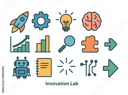 Innovation lab icons: creativity, technology, growth, ideas, solutions