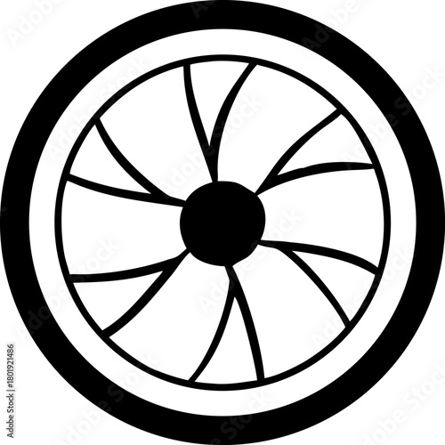Illustrative representation of a wheel featuring radial spokes, a central hub, and a circular outline with artistic simplicity