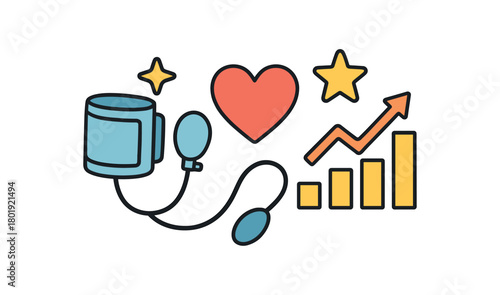 Health wellness UI flat vector illustration collection of cute wellbeing icons blood pressure: cuff icon heart chart arrow stars arranged horizontal composition handdrawn outlines bright
