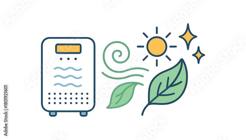 Health wellness UI flat vector illustration collection of cute wellbeing icons clean air home: purifier icon leaf swirl sun ray sparkles arranged horizontal composition handdrawn outlines