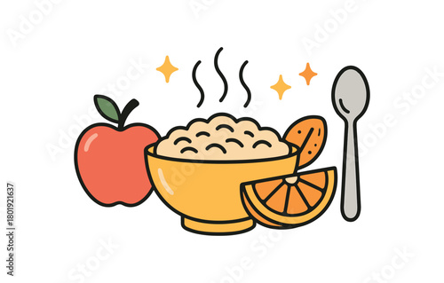 Health wellness UI flat vector illustration collection of cute wellbeing icons morning routine: oatmeal bowl fruit spoon steam sparkles arranged horizontal composition handdrawn outlines