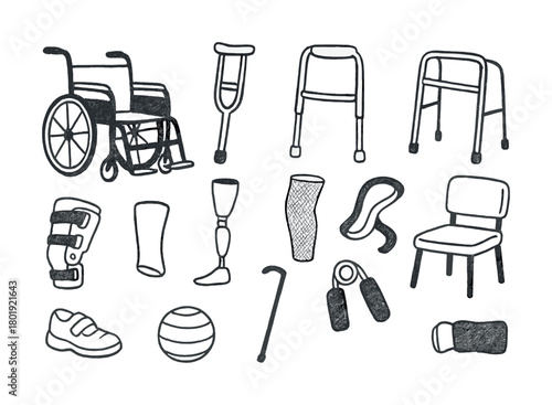 Assistive device collection: wheelchair, crutches, walker, prosthetics, and more