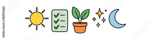 Health wellness UI flat vector illustration collection of cute wellbeing icons balanced day: sun moon checklist ticks plant spark dots arranged horizontal composition handdrawn outlines