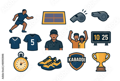 Kabaddi game elements and icons: player, whistle, timer, trophy, fans, court, shoes