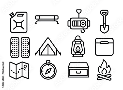 Camping equipment icon set including tent, lantern, compass, and shovel