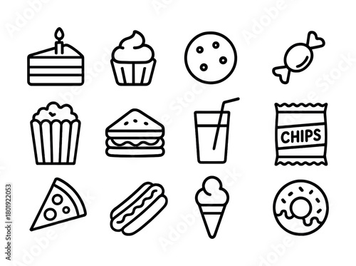 Assorted food icons: cake, cupcake, cookie, candy, popcorn, sandwich, drink, chips, pizza, hot dog, ice cream, doughnut