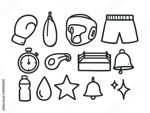 Boxing equipment: gloves, helmet, punching bag, stopwatch, and ring icons