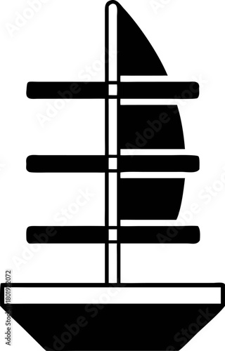 Simplified sailboat mast vector silhouette, depicting a solid, dark, graphical representation of a sailboat with mast and sails in a simple, minimalist style
