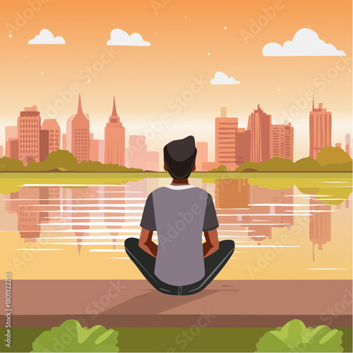 back view, independence solitude lifestyle, peaceful concept, man sitting alone on riverbank enjoy sunset cityscape