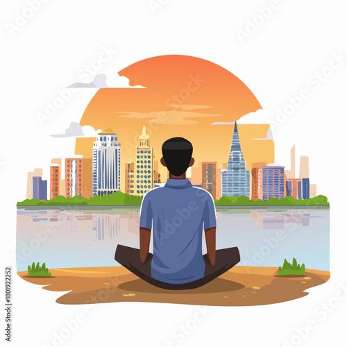 back view, independence solitude lifestyle, peaceful concept, man sitting alone on riverbank enjoy sunset cityscape