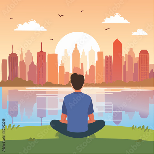 back view, independence solitude lifestyle, peaceful concept, man sitting alone on riverbank enjoy sunset cityscape