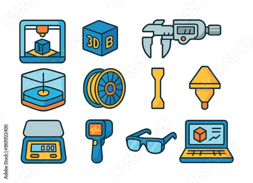 3d printing and modeling tools icon set with various equipment and accessories