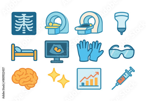Medical equipment icons: mri, ultrasound, x-ray, syringe, brain, protective gear, bed, monitoring