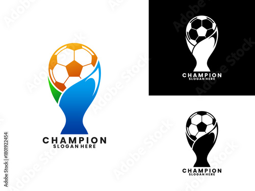 Trophy football champion logo design vector template. Soccer award logo design vector template. Trophy combinations with ball logo design