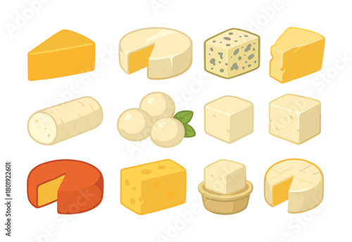 Assorted cheese varieties collection: gouda, brie, mozzarella, blue cheese, cheddar, camembert