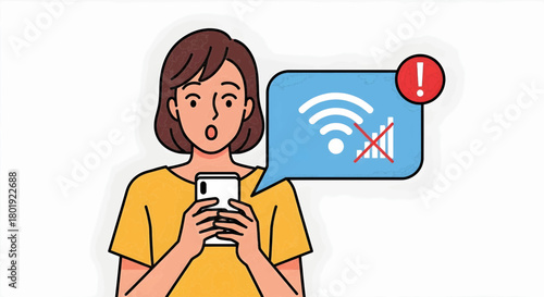 Frustrated woman experiencing no internet connection or Wi-Fi signal issues while using her smartphone