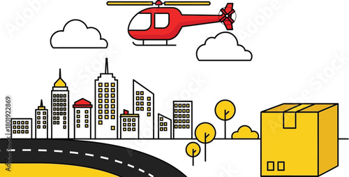 Helicopter delivery service fast shipping in city skyline vector