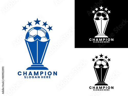 Champion and trophy with ball logo design vector template. Football trophy logo design vector template