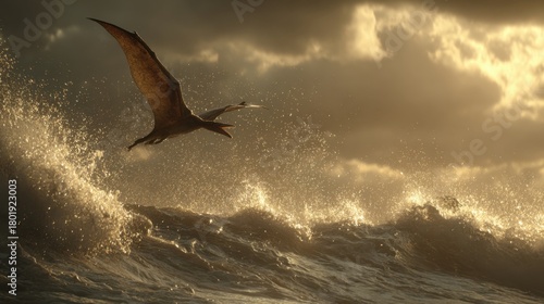 Pterodactyl Flying Over Ocean Waves During Sunset with Spray and Clouds